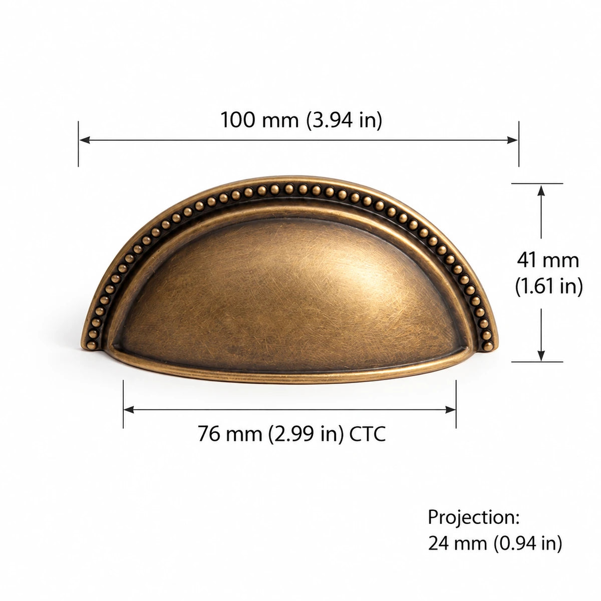 Deep beaded cup pull dimensions: 2.99 inch (76 mm) CTC, 3.94 inch (100 mm) width