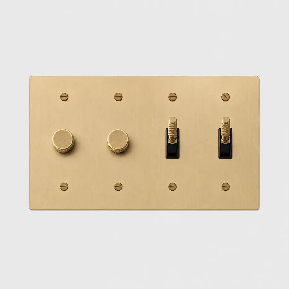 Custom 4 gang satin brass switch plate with 2 dimmers and 2 toggle switches