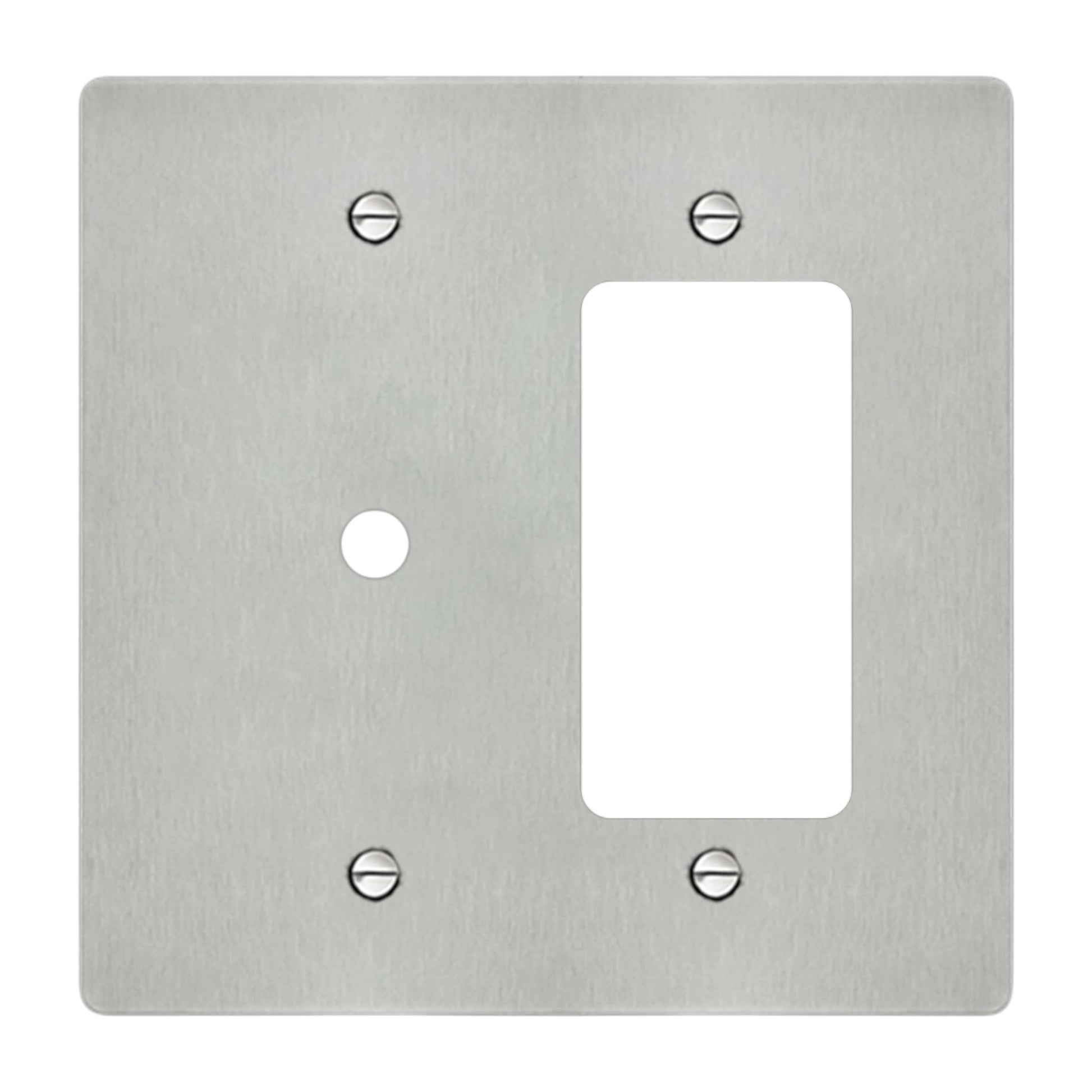 2-gang wall plate in brushed stainless steel finish, rotary dimmer plus decorator outlet opening