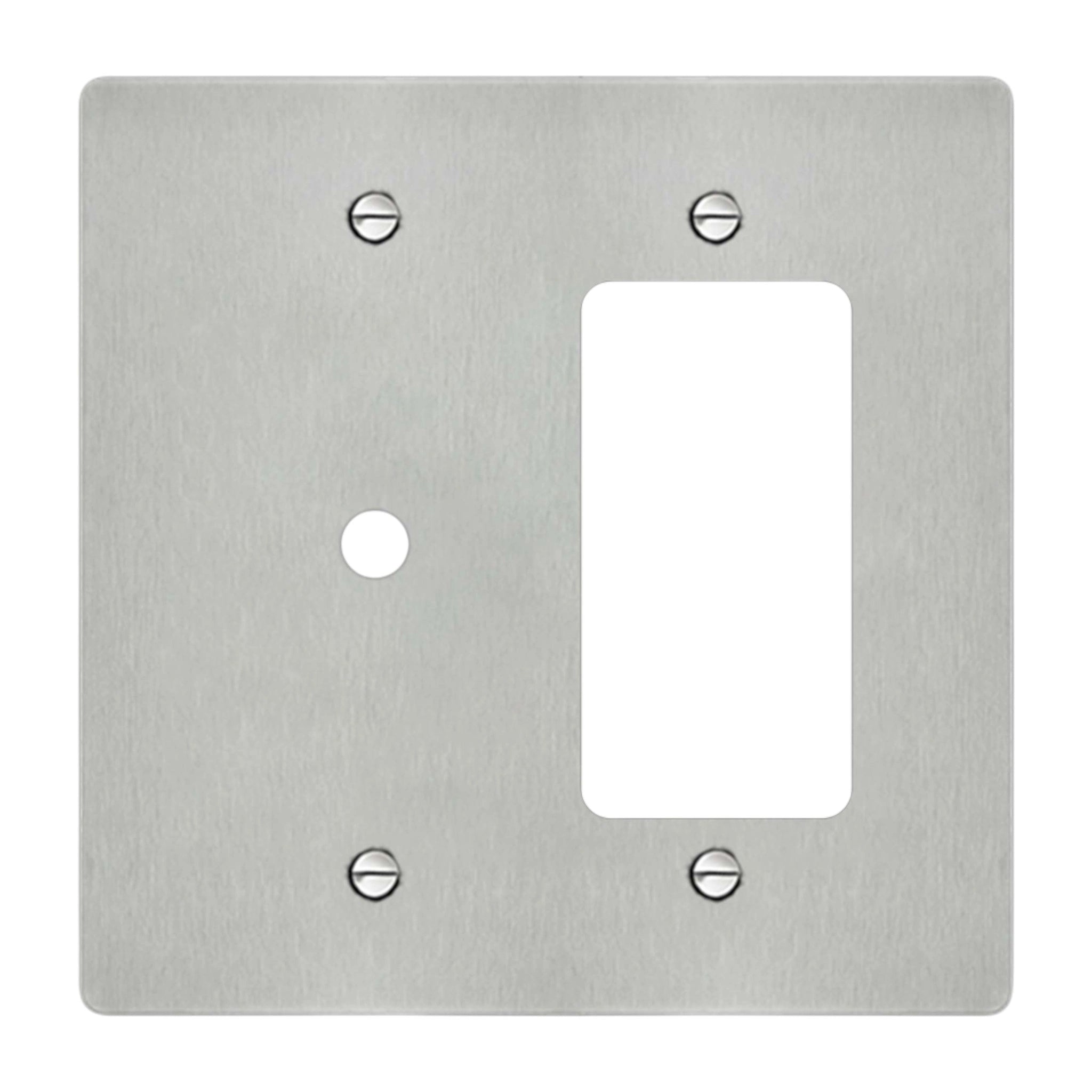 2-gang wall plate in brushed stainless steel finish, rotary dimmer plus decorator outlet opening