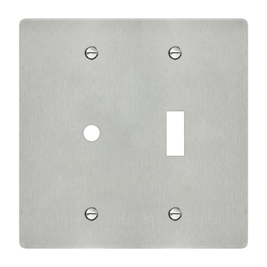 2-gang wall plate in brushed stainless steel finish, rotary dimmer plus toggle opening
