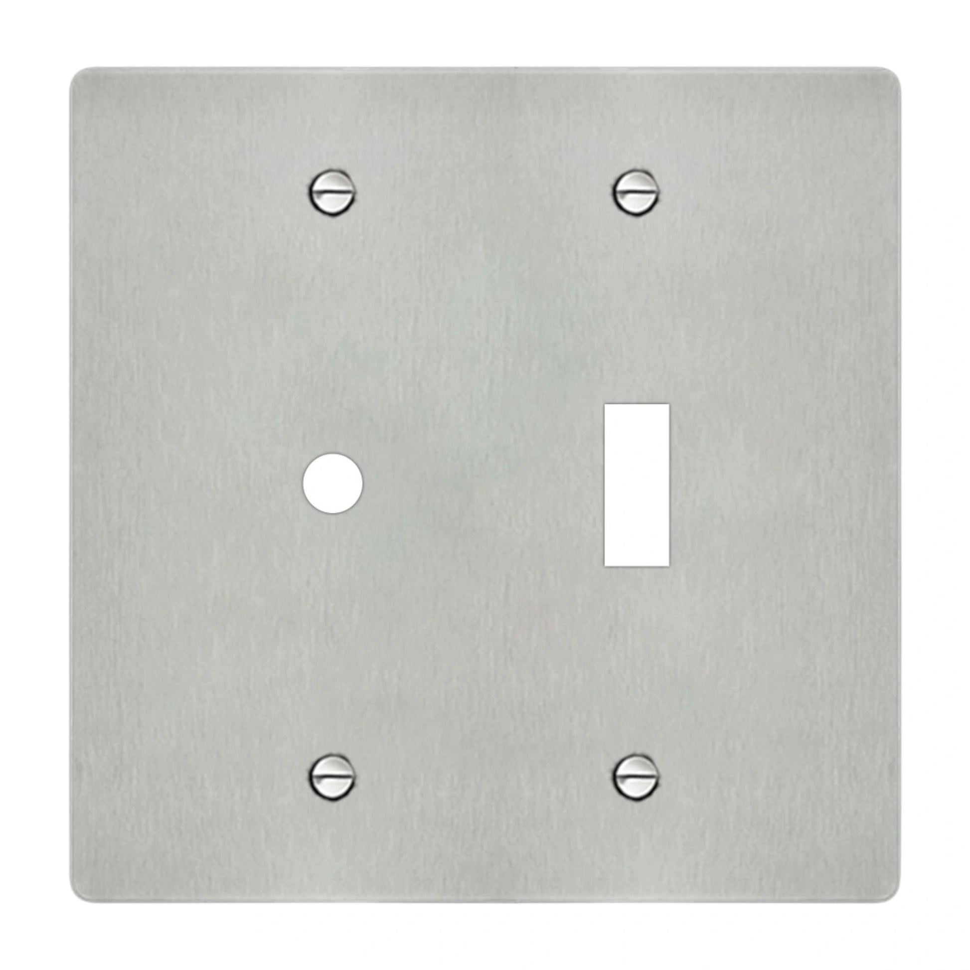2-gang wall plate in brushed stainless steel finish, rotary dimmer plus toggle opening