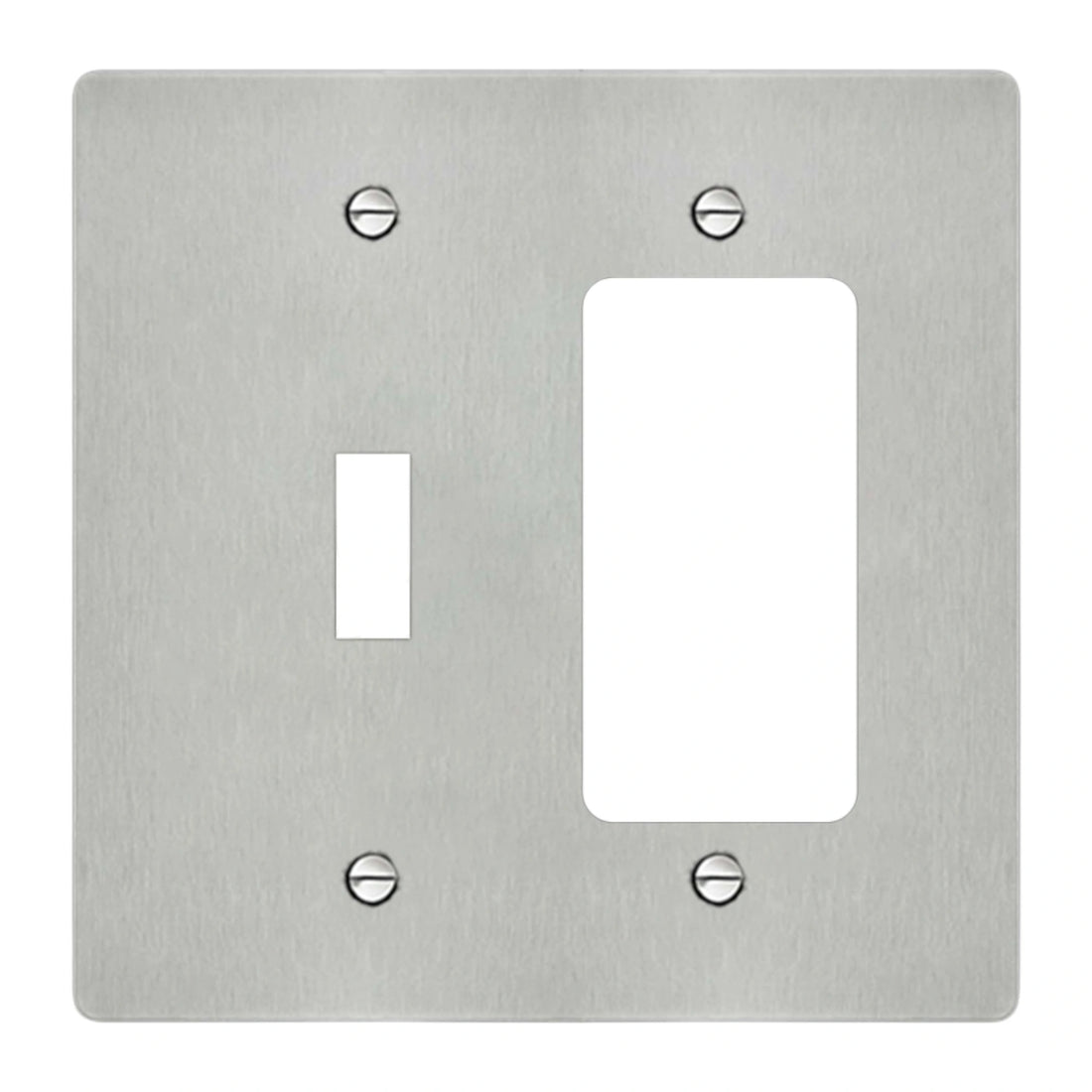 2-gang wall plate in brushed stainless steel finish, toggle plus decora outlet opening