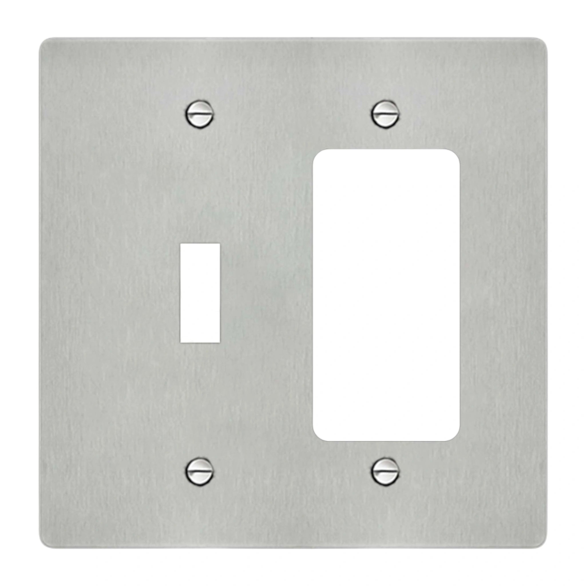 2-gang wall plate in brushed stainless steel finish, toggle plus decora outlet opening