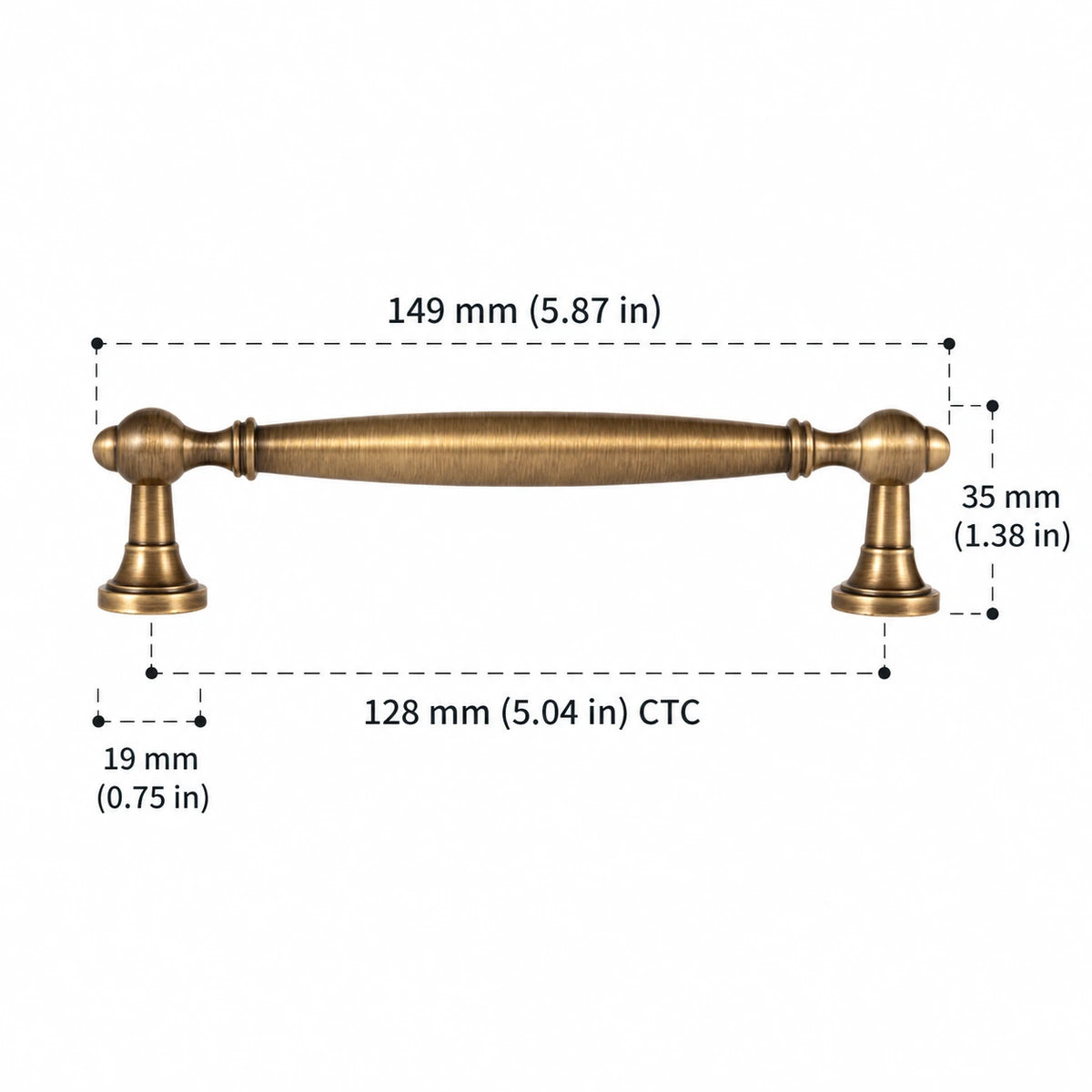 Smooth spindle pull: 128 mm (5.04 in) CTC, 149 mm (5.87 in) length, 35 mm (1.38 in) projection