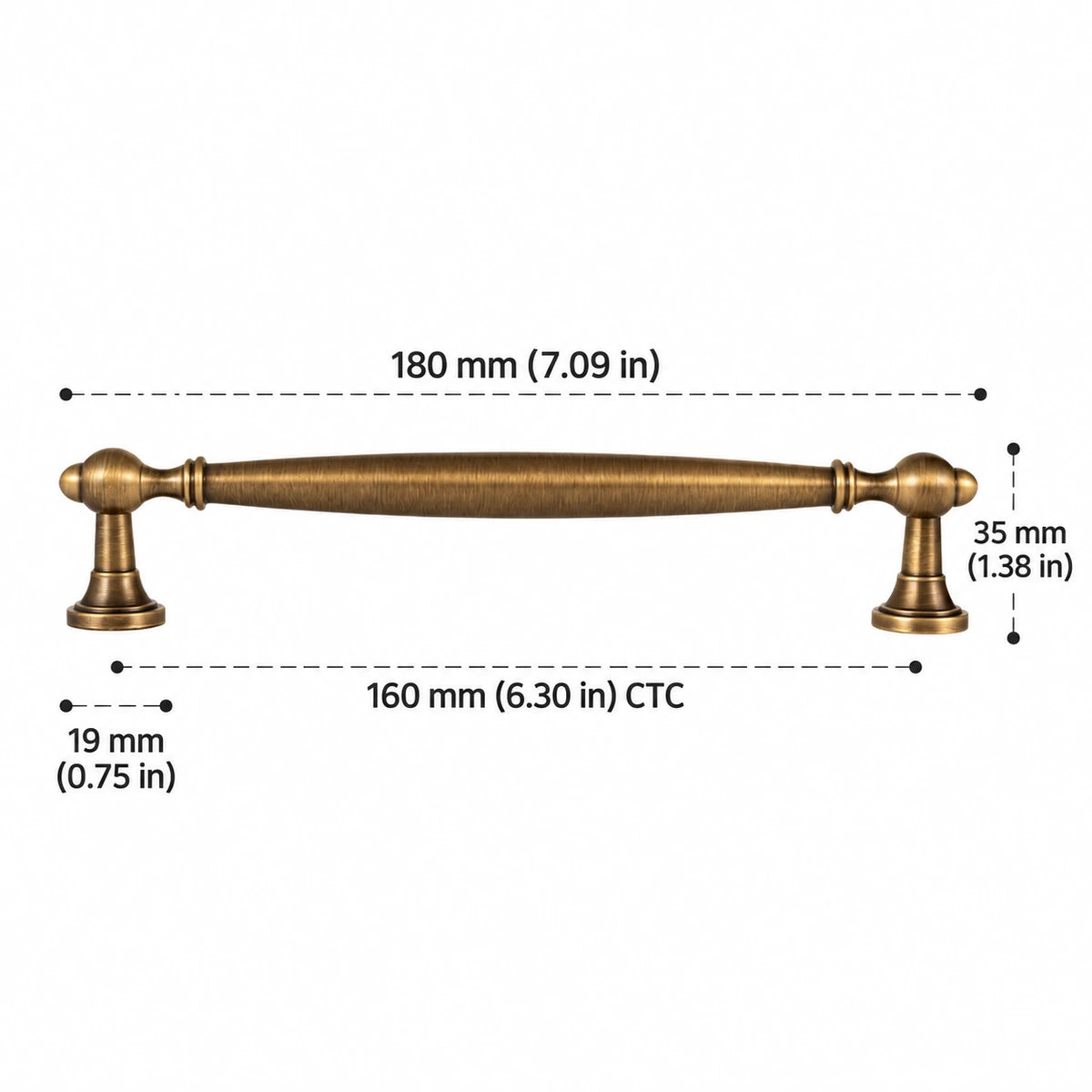 Smooth spindle pull: 160 mm (6.30 in) CTC, 180 mm (7.09 in) length, 35 mm (1.38 in) projection
