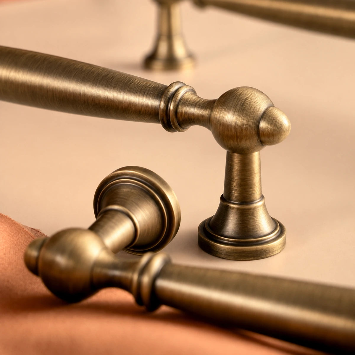 Close-up of antique brushed brass finish and stepped mounting post
