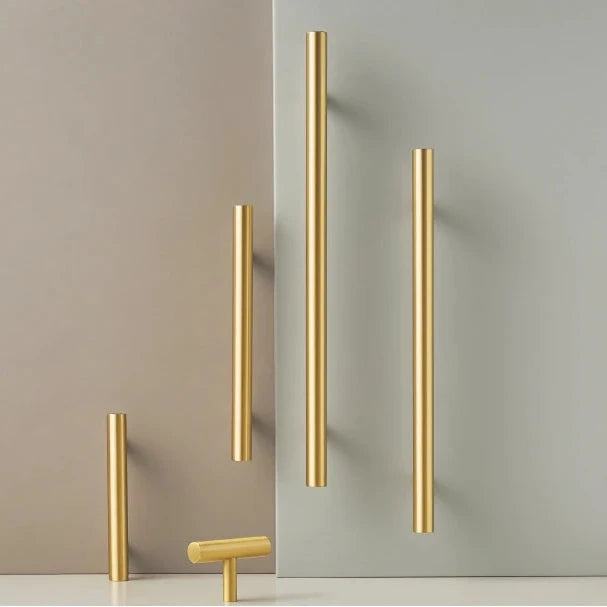 Set of round rod pulls and knob on  a neutral and beige background.