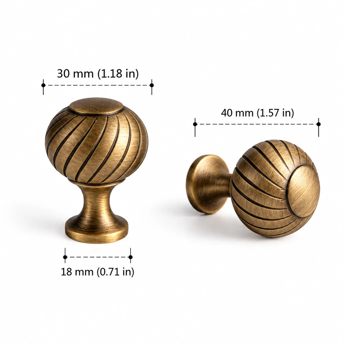 Swirl knob: 30 mm (1.18 in) diameter, 40 mm (1.57 in) projection, 18 mm (0.71 in) base