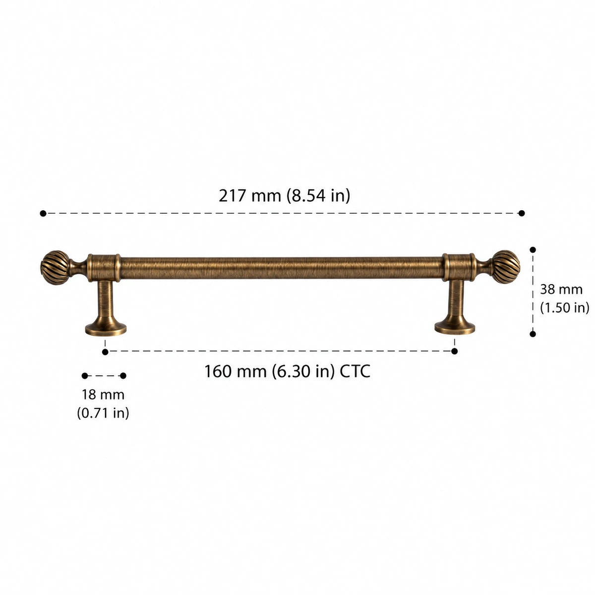 Swirl finial pull: 160 mm (6.30 in) CTC, 217 mm (8.54 in) overall length