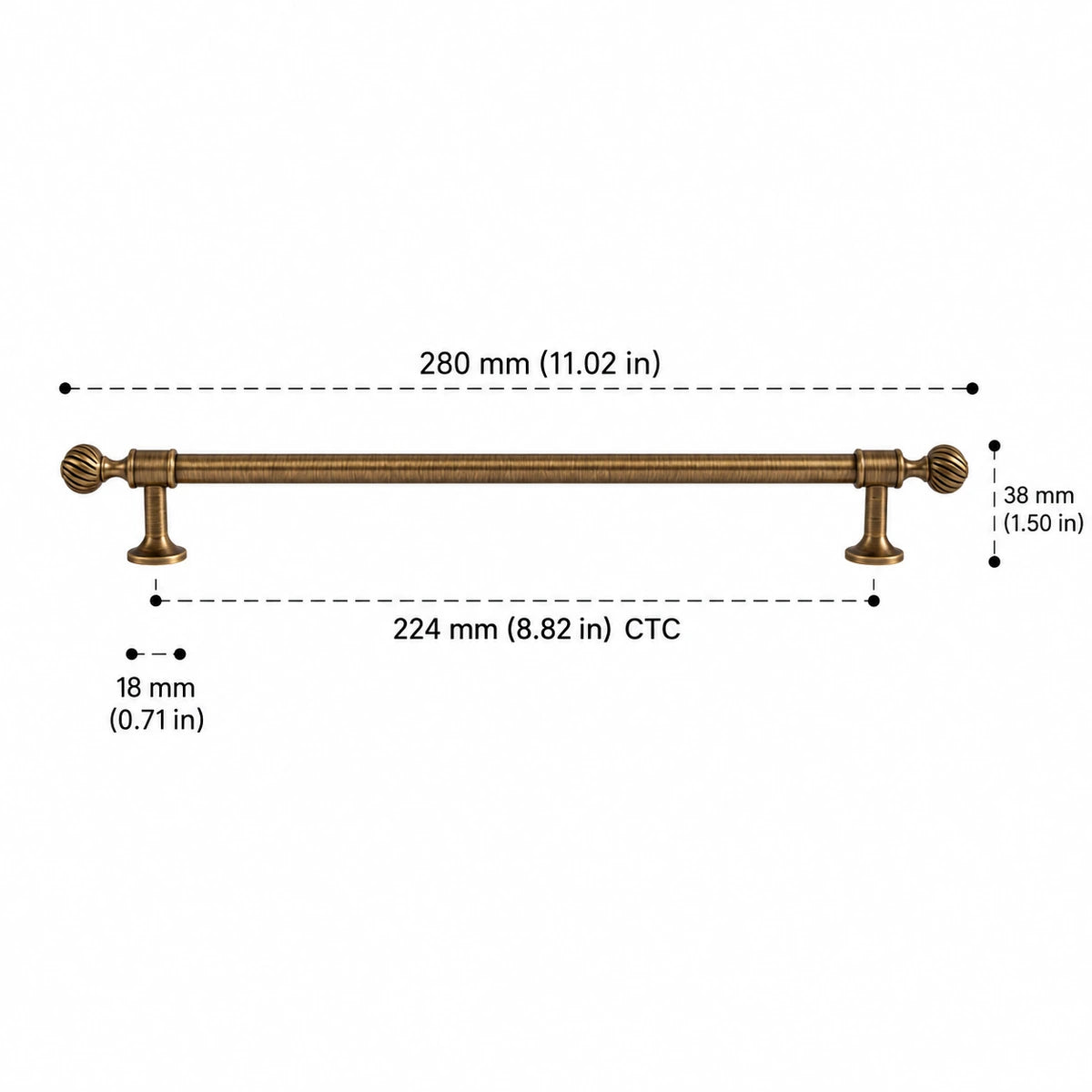 Swirl finial pull: 224 mm (8.82 in) CTC, 280 mm (11.02 in) overall length