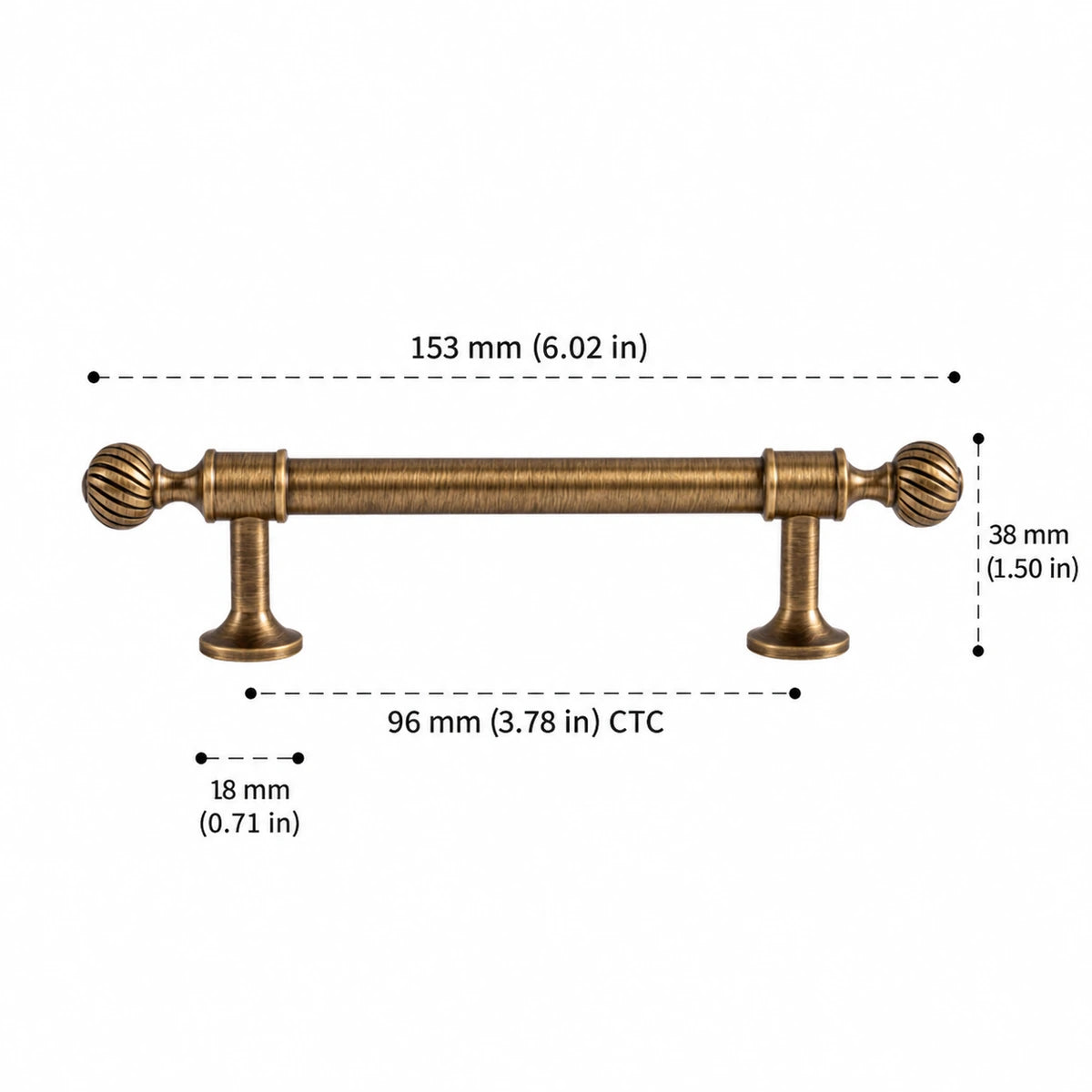 Swirl finial pull: 96 mm (3.78 in) CTC, 153 mm (6.02 in) overall length