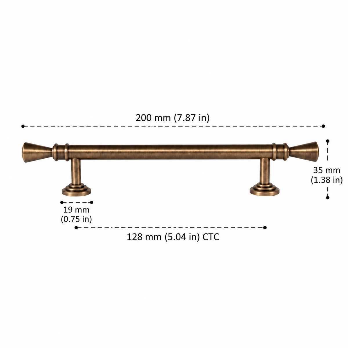 Trumpet Tip Pull — 5.04″ (128 mm) CTC antique brass hardware dimensions in inches and mm