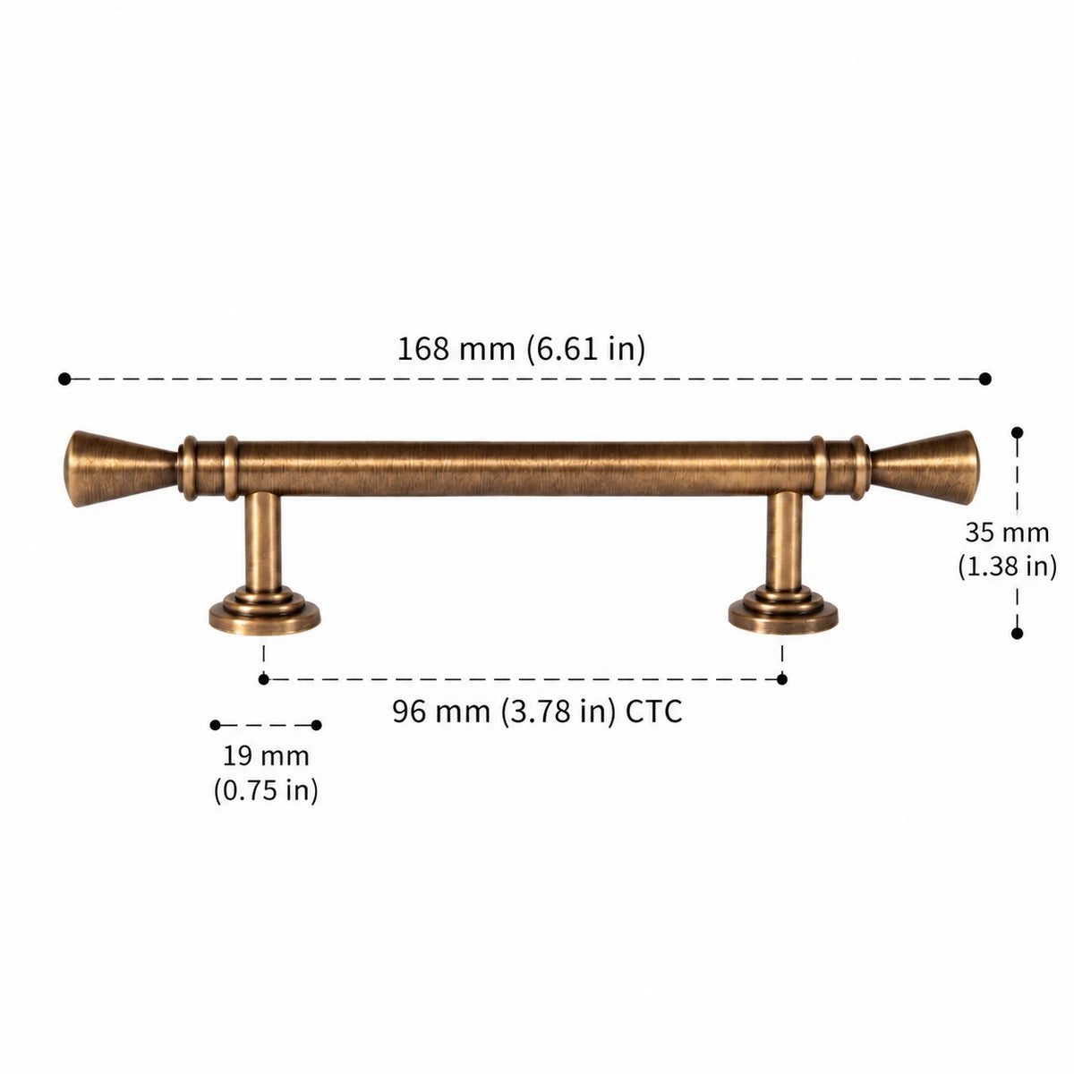 Trumpet Tip Pull — 3.78″ (96 mm) CTC antique brass hardware dimensions in inches and mm