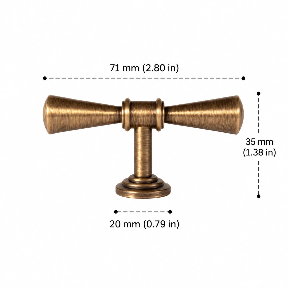 T-Knob — 2.80″ (71 mm) Length antique brass hardware dimensions in inches and mm