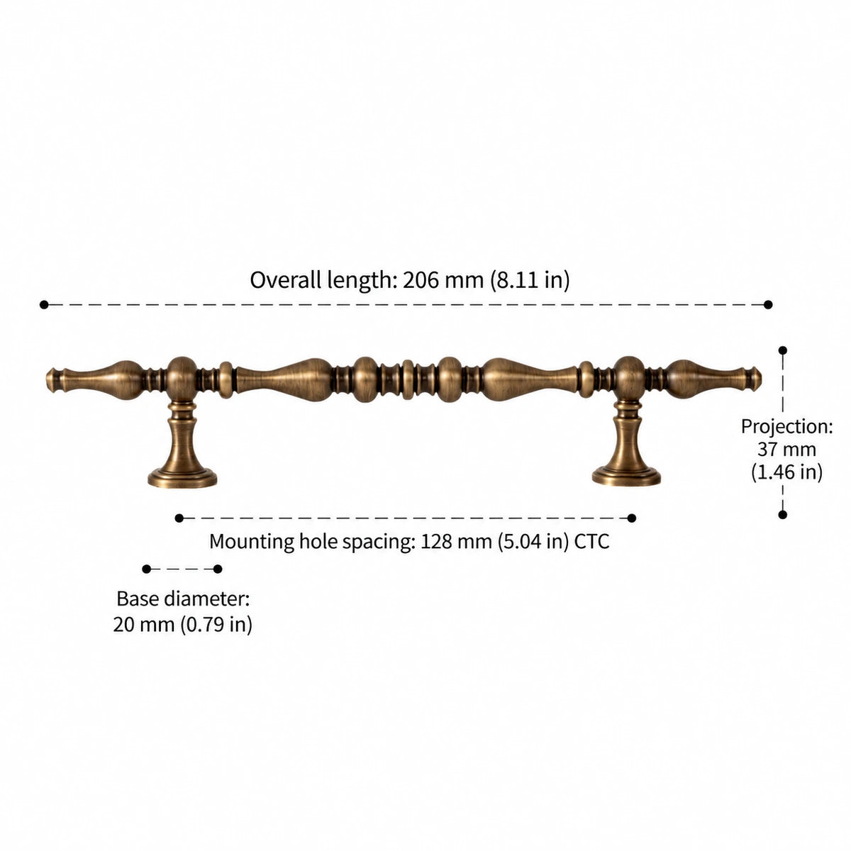 Spindle pull dimensions: 5.04 inch (128 mm) CTC and 8.11 inch (206 mm) overall length