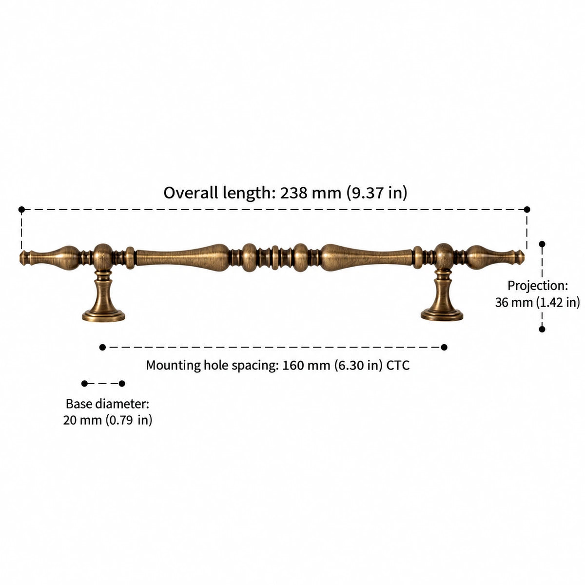 Spindle pull dimensions: 6.30 inch (160 mm) CTC and 9.37 inch (238 mm) overall length
