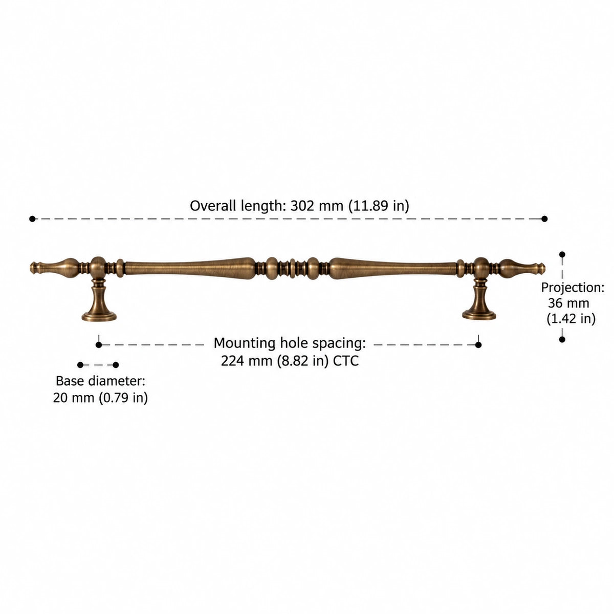 Spindle pull dimensions: 8.82 inch (224 mm) CTC and 11.89 inch (302 mm) overall length