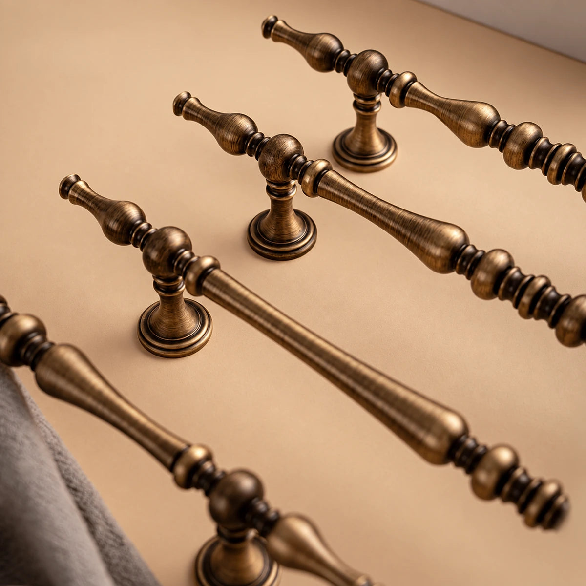Antique brushed brass tapered grips and ringed center detail