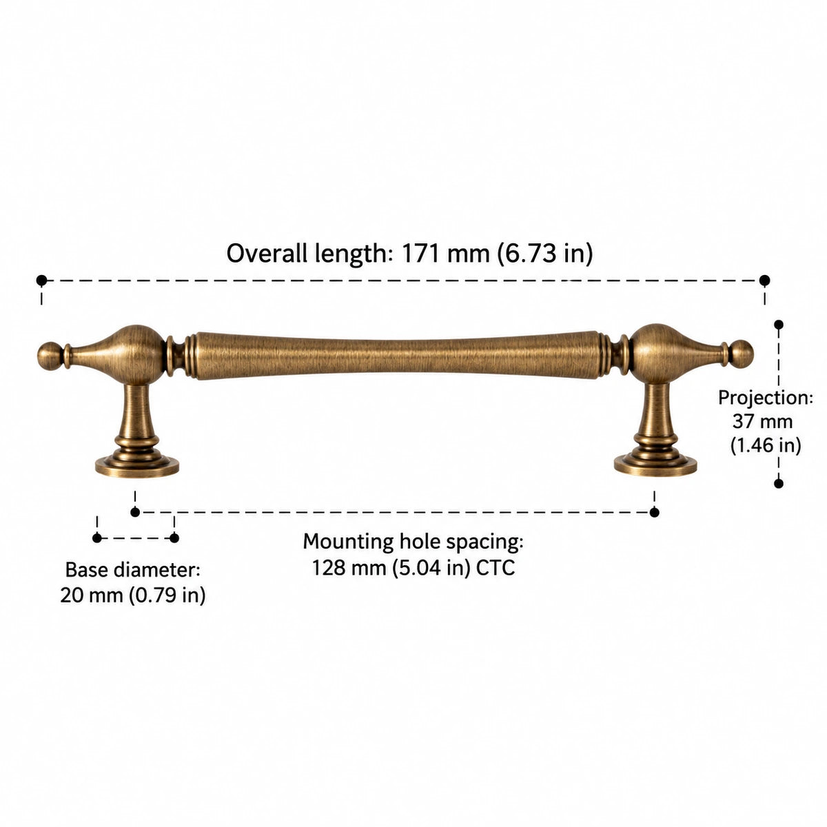 Urn-finial pull dimensions: 5.04 inch (128 mm) CTC and 6.73 inch (171 mm) length