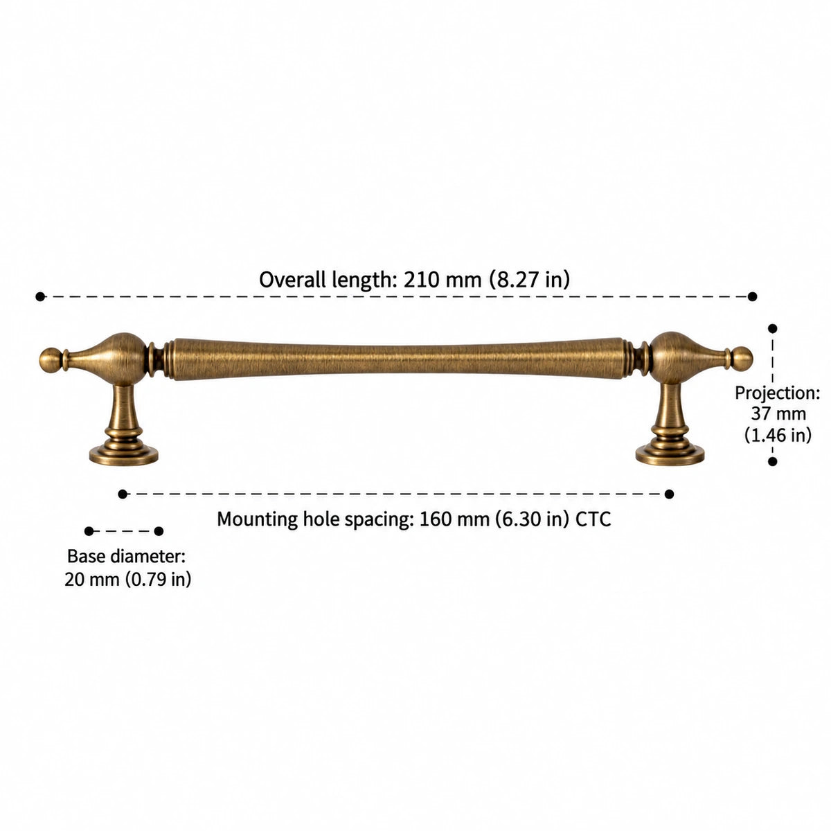 Urn-finial pull dimensions: 6.30 inch (160 mm) CTC and 8.27 inch (210 mm) length