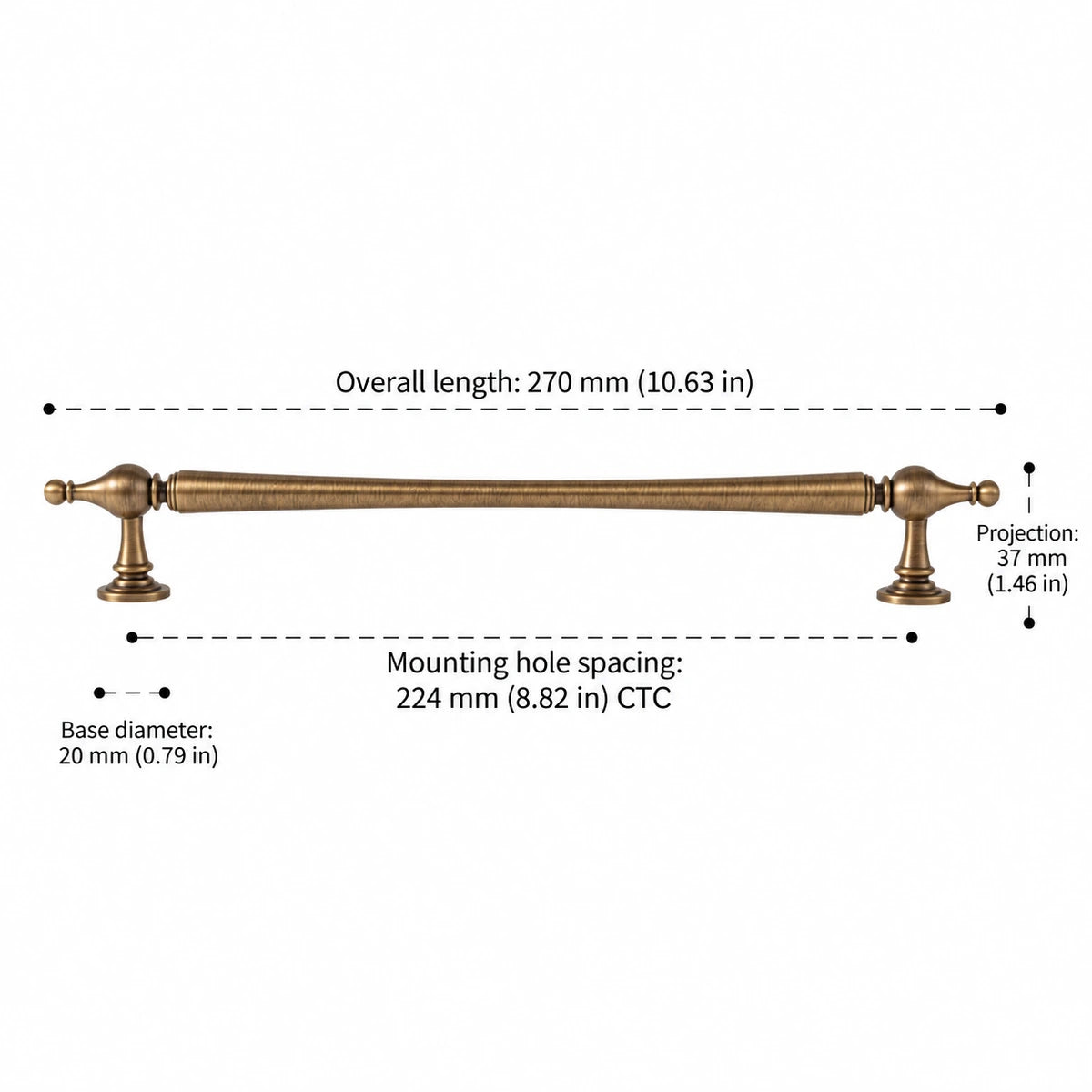 Urn-finial pull dimensions: 8.82 inch (224 mm) CTC and 10.63 inch (270 mm) length