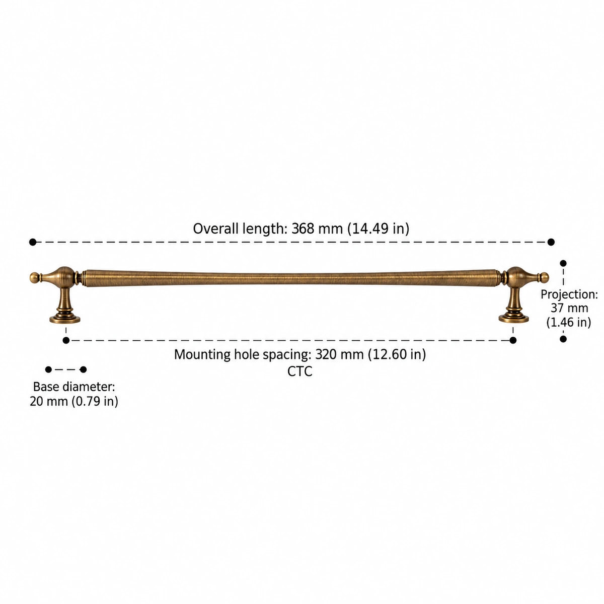 Urn-finial pull dimensions: 12.60 inch (320 mm) CTC and 14.49 inch (368 mm) length