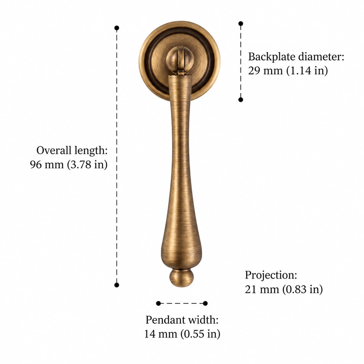 Pendant dimensions: 3.78 inch (96 mm) overall length and 1.14 inch (29 mm) backplate