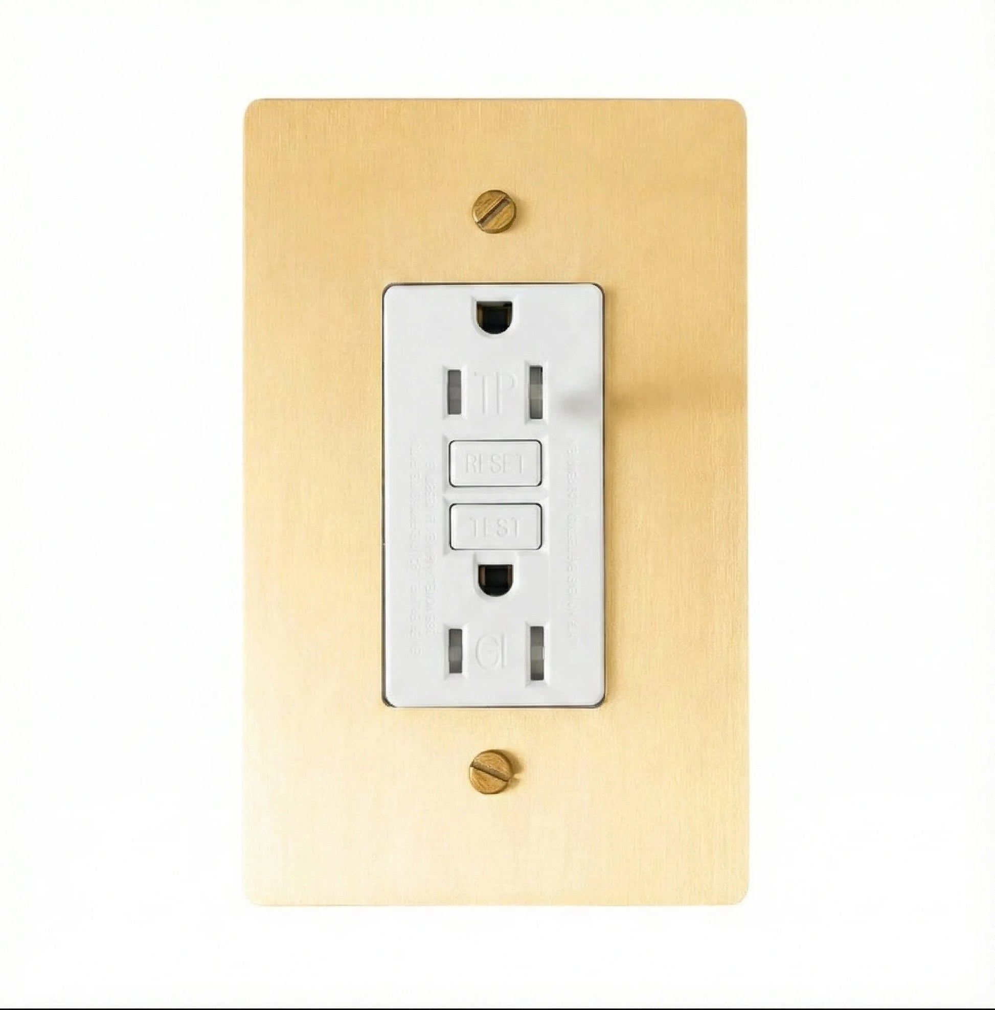 Satin brass GFCI electrical outlet on a beige wall plate with screws.