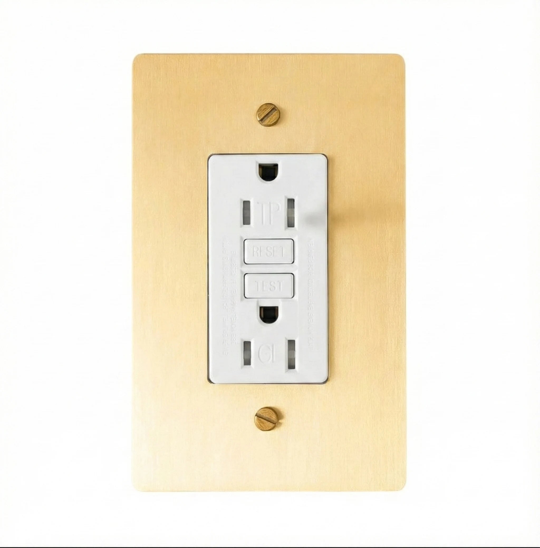 Satin brass GFCI electrical outlet on a beige wall plate with screws.