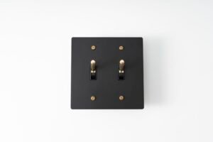 Two-Gang Black Brass Plate with Golden Knurled Toggle Switch - Stylish dual-toggle switch in a black brass finish featuring golden knurled detailing