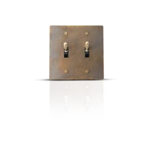 Antique finish brass toggle switch plate with two gangs for classic interior control.