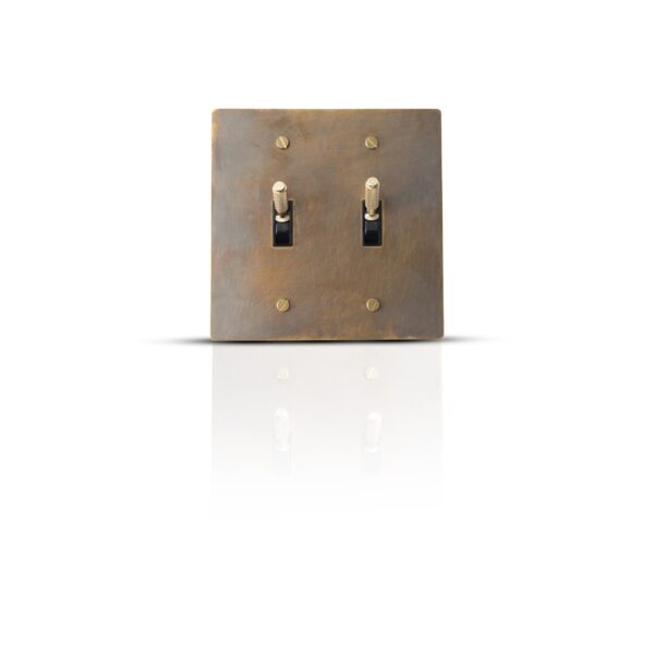 Antique finish brass toggle switch plate with two gangs for classic interior control.