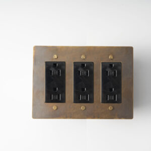 aged brass 3-gang duplex power outlet, a vintage-inspired electrical solution for comprehensive utility in your space