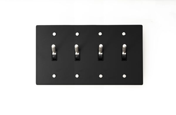 Versatile 4-Gang Black Brass Plate with Silver Toggle - Multi-gang switch panel, offering style and functionality for diverse modern interiors