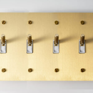 satin gold solid brass 4 gang panel featuring knurled toggle switches