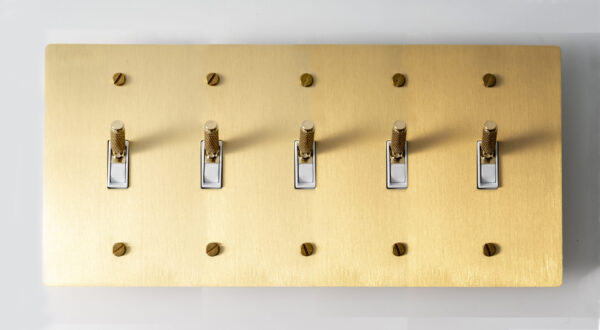 5 gang toggle switch in satin gold solid bras panel