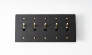 Five-Gang Black Brass Plate with Golden Knurled Toggle Switch - Multiple-toggle switch featuring five controls in a sleek black brass finish, highlighted by golden knurled accents for an elegant look