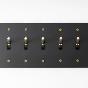 Five-Gang Black Brass Plate with Golden Knurled Toggle Switch - Multiple-toggle switch featuring five controls in a sleek black brass finish, highlighted by golden knurled accents for an elegant look