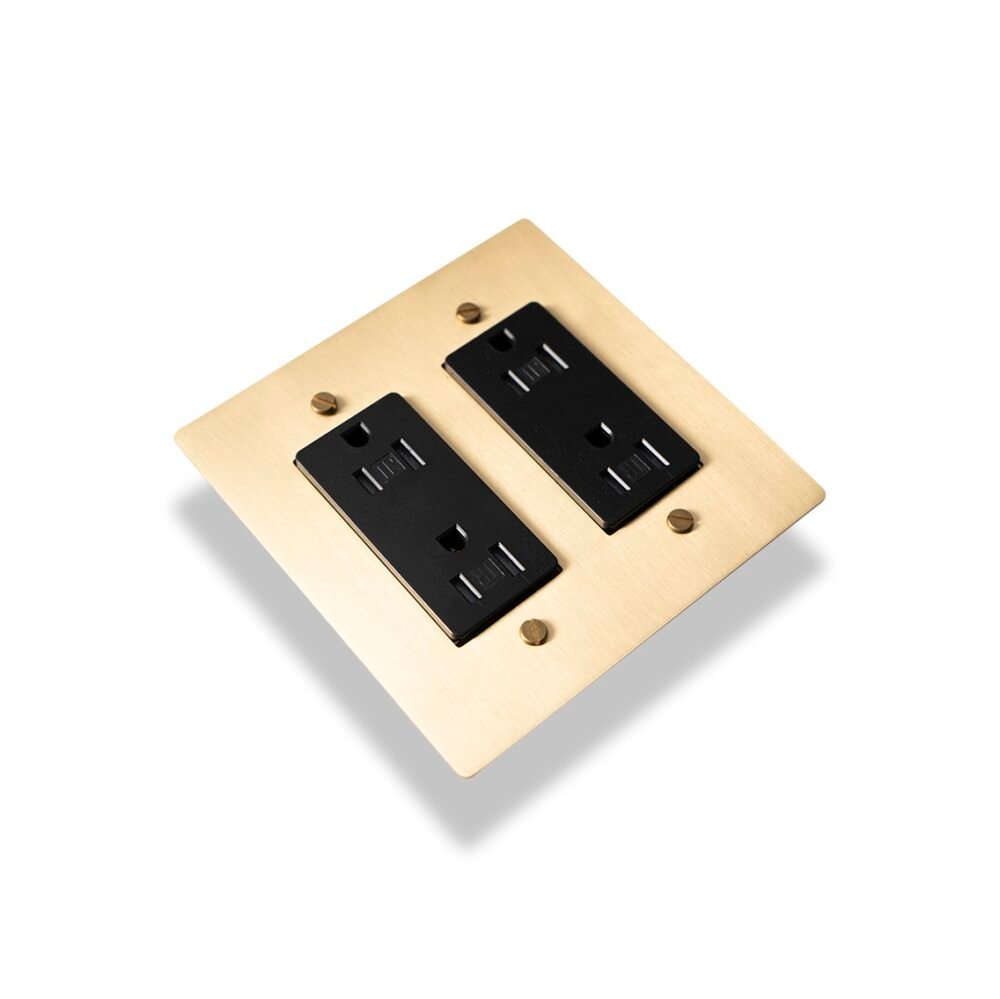 Image showcasing the Satin Gold Brass Wall Plate with an Electrical Outlet, featuring its luxurious gold finish and sleek design, ideal for upscale interior designs