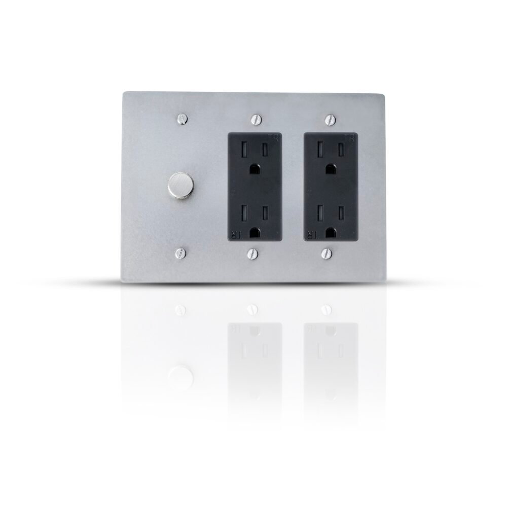 Image of a sleek Dimmer and Dual Electrical Outlet Combo, showcasing its modern design and dual-functionality for home lighting and power needs.