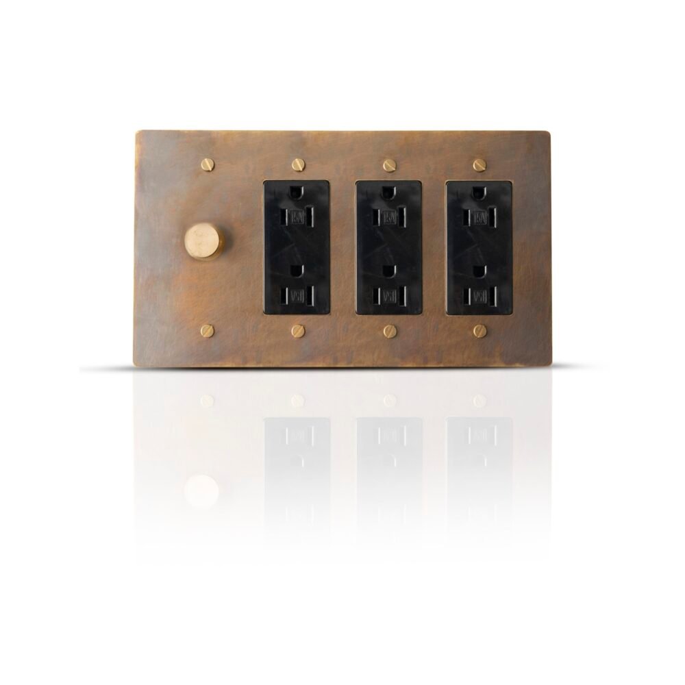 A solid brass Triple Outlet with Dimmer Wall Plate, showcasing three power outlets and one dimmer switch, combining functionality with a touch of elegance.