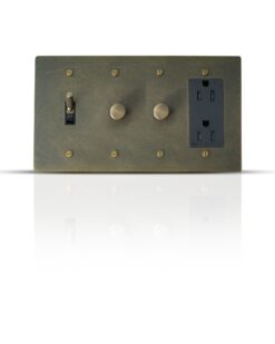 An image of a combo plate featuring a toggle switch, two separate dimmer controls, and a single outlet, all encased in a sleek, elegant design for modern electrical management.