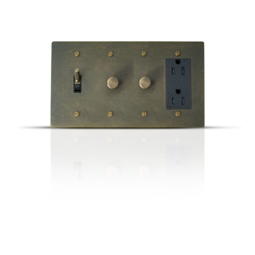An image of a combo plate featuring a toggle switch, two separate dimmer controls, and a single outlet, all encased in a sleek, elegant design for modern electrical management.
