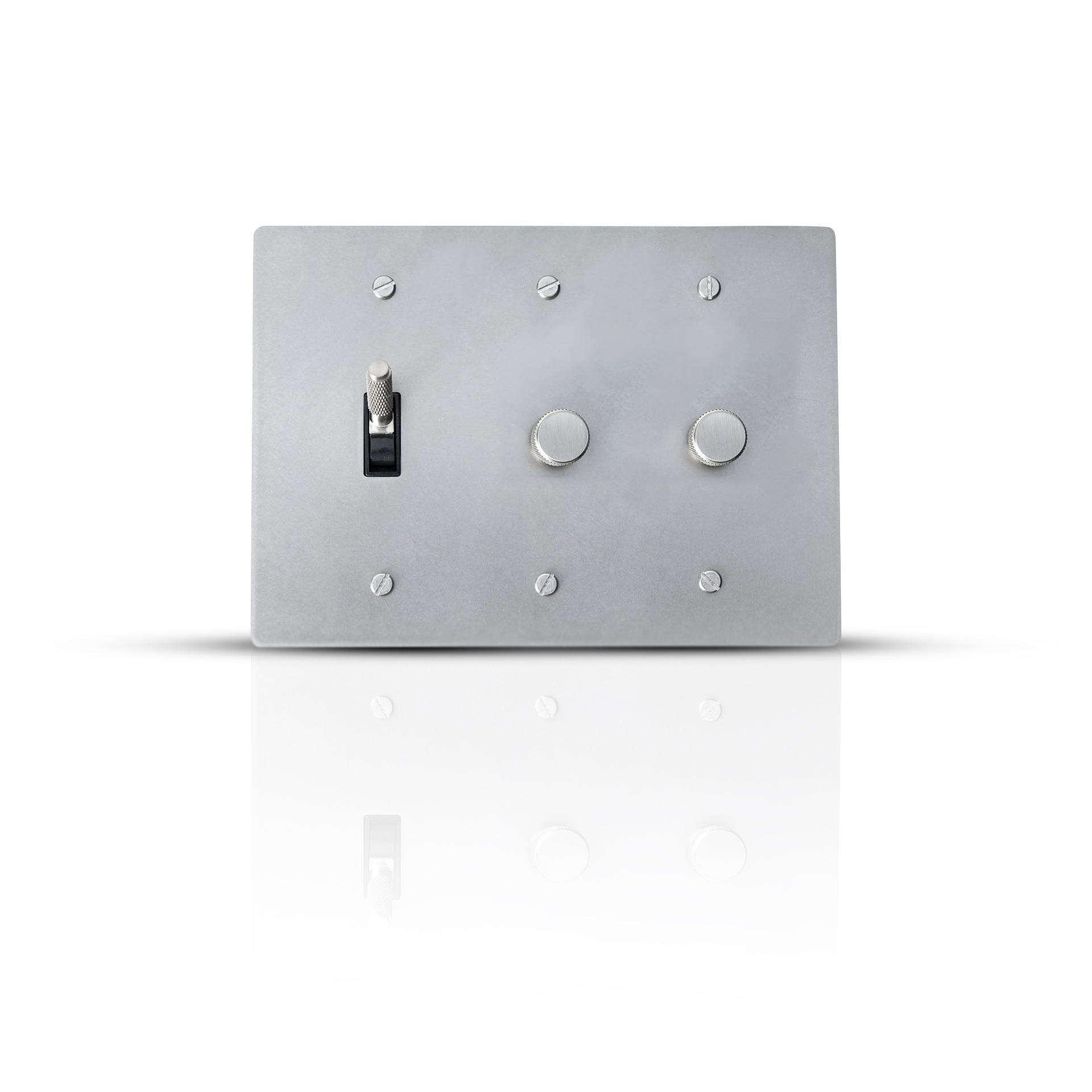 A luxurious brass plate featuring one toggle switch and two independent dimmer controls, designed for stylish and efficient lighting management in diverse settings.