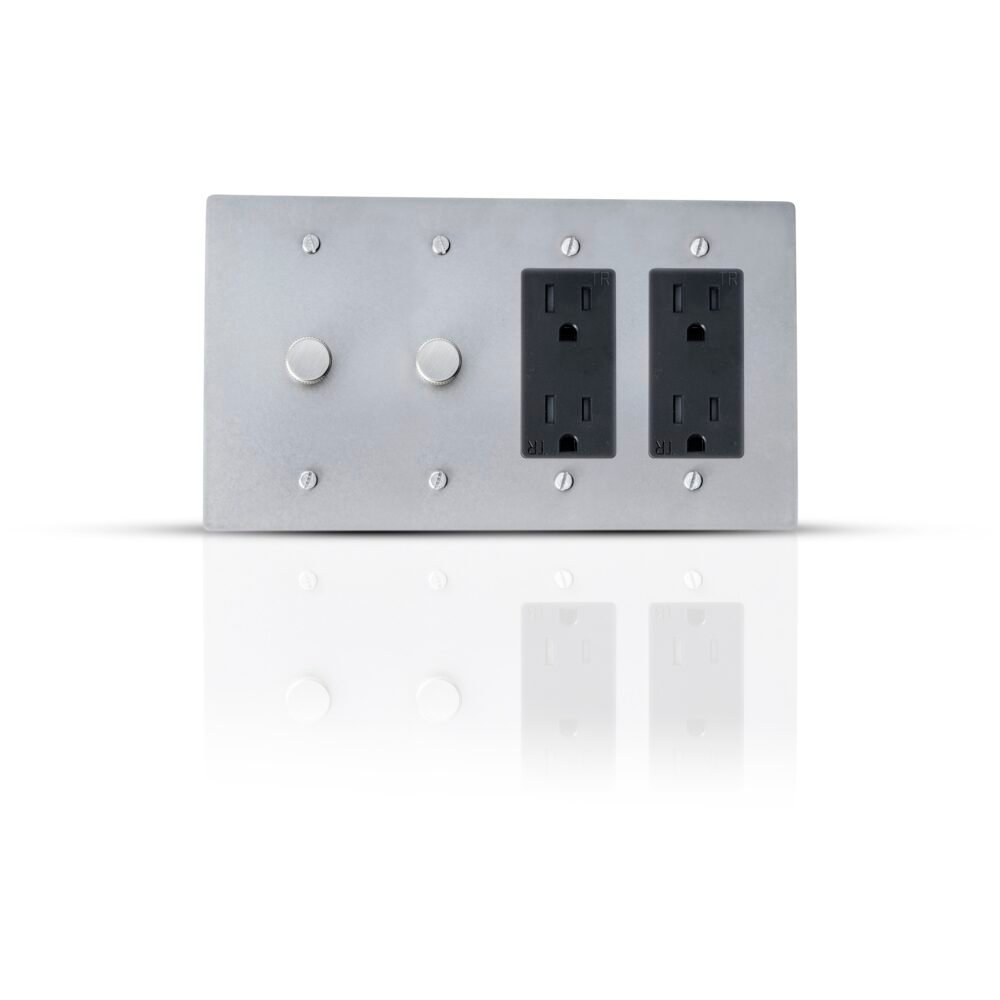 An elegant brass plate combining two dimmer controls and two Decora outlets, showcasing a blend of sophisticated design and functional versatility for modern electrical needs.