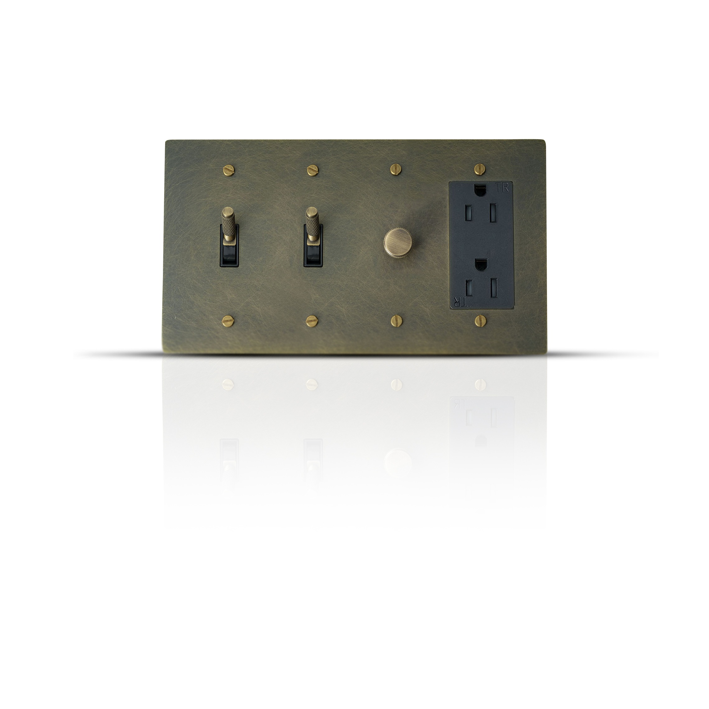 A multi-functional wall plate featuring two toggle switches, one dimmer control, and a Decora outlet, all in a cohesive, modern design for versatile electrical management.