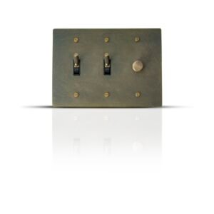 Close-up of a 2-Gang Toggle Switch and Dimmer Combo, featuring one toggle switch and one dimmer control, set against a sleek, contemporary design suitable for modern home interiors