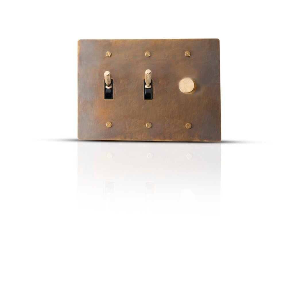 Close-up of a 2-Gang Toggle Switch and Dimmer Combo, featuring one toggle switch and one dimmer control, set against a sleek, contemporary design suitable for modern home interiors