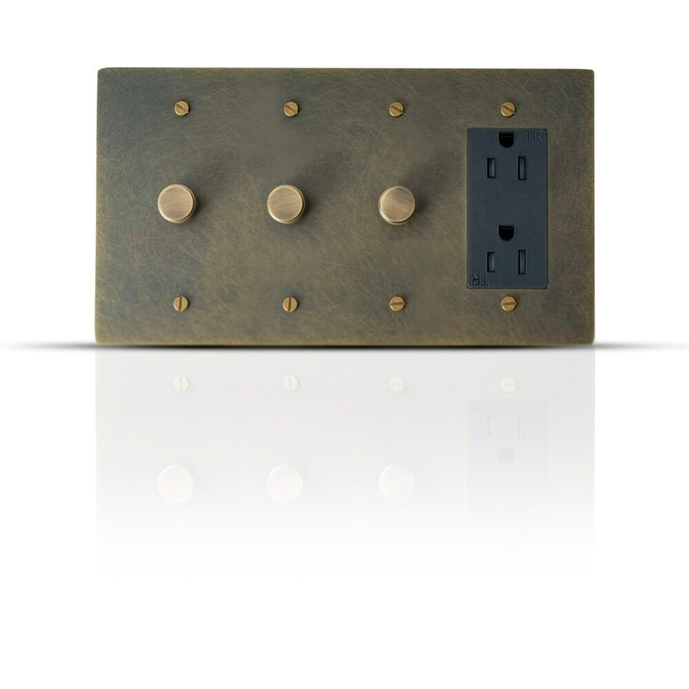 A sleek combo plate featuring three adjustable dimmer controls and one Decora outlet, designed for efficient and stylish lighting management in contemporary spaces.